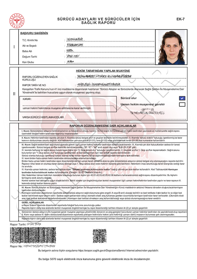 Örnek Sürücü Sağlık Raporu